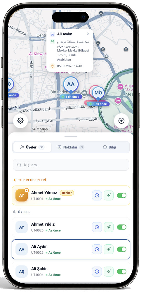 Umre Takip mobil — haritada üye detay kartı ve altta üye listesi